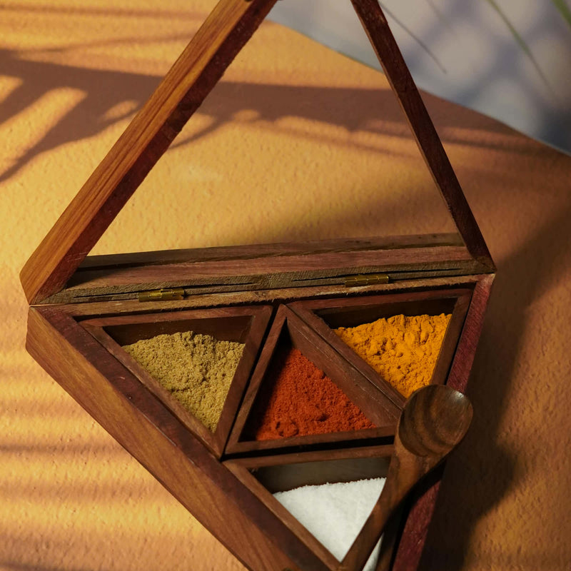 Wooden Triangular Spice Organizer and Spoon