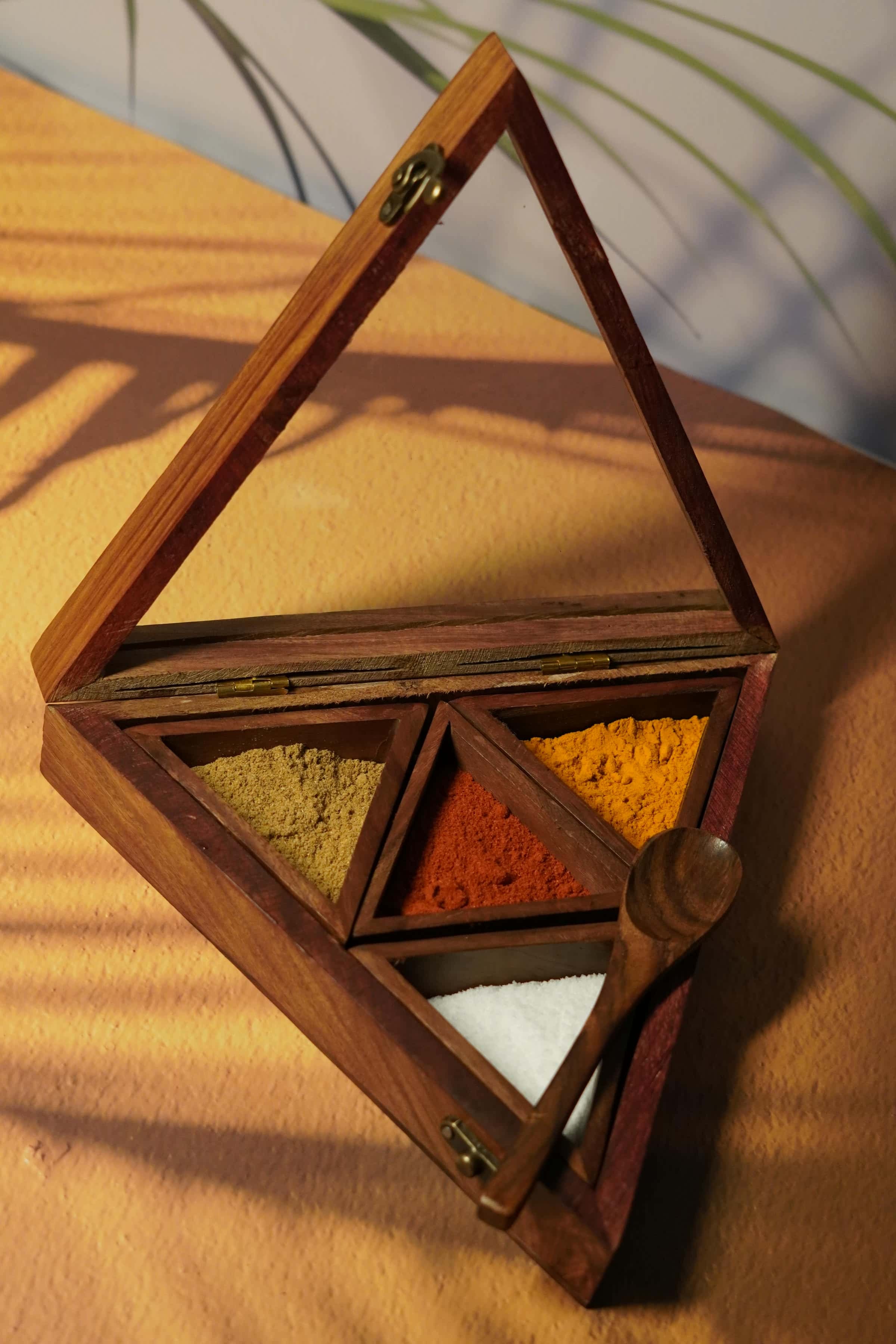 Wooden Triangular Spice Organizer and Spoon
