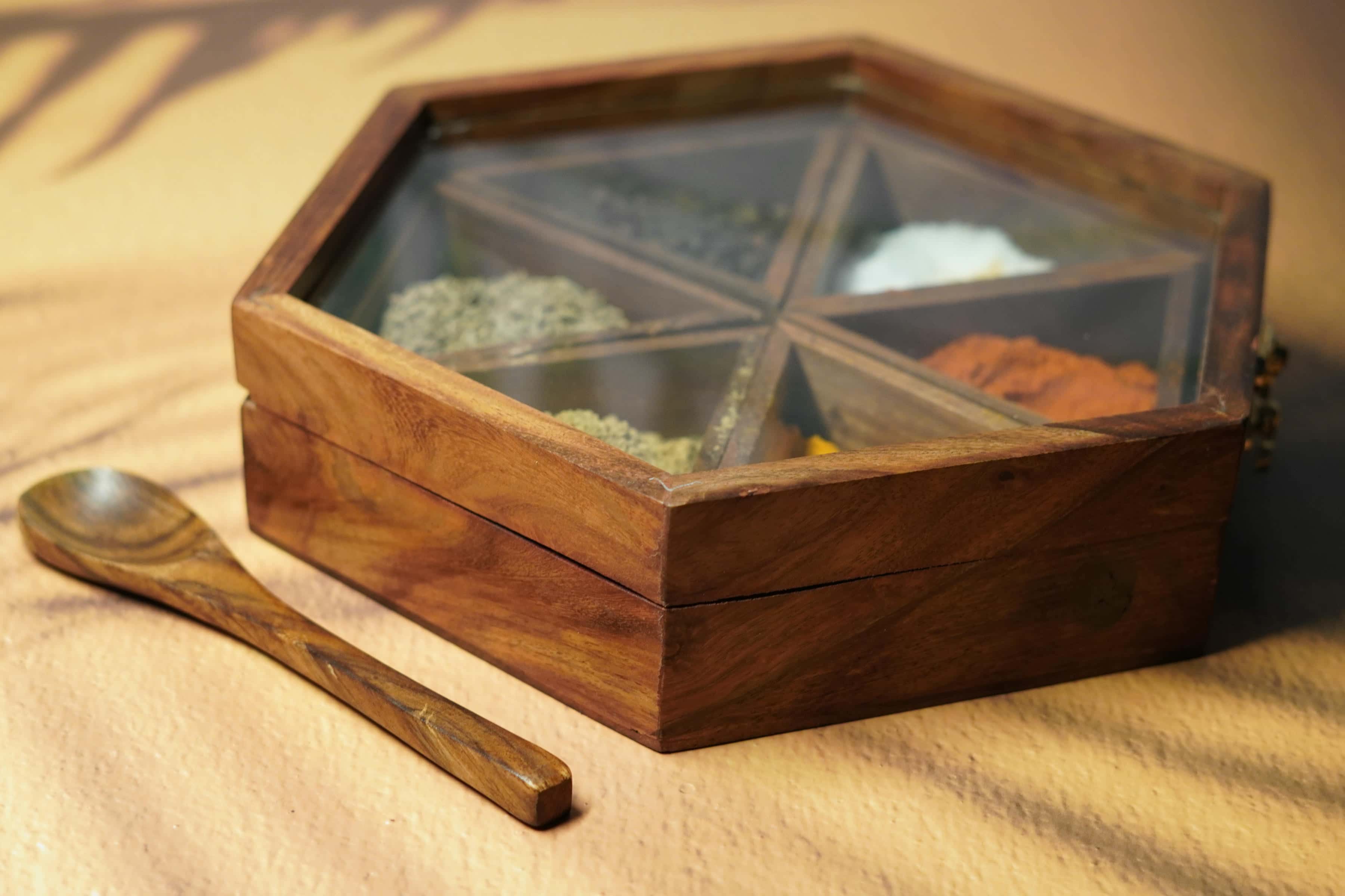 Hexagon Wooden Spice Box with Glass Lid and Spoon