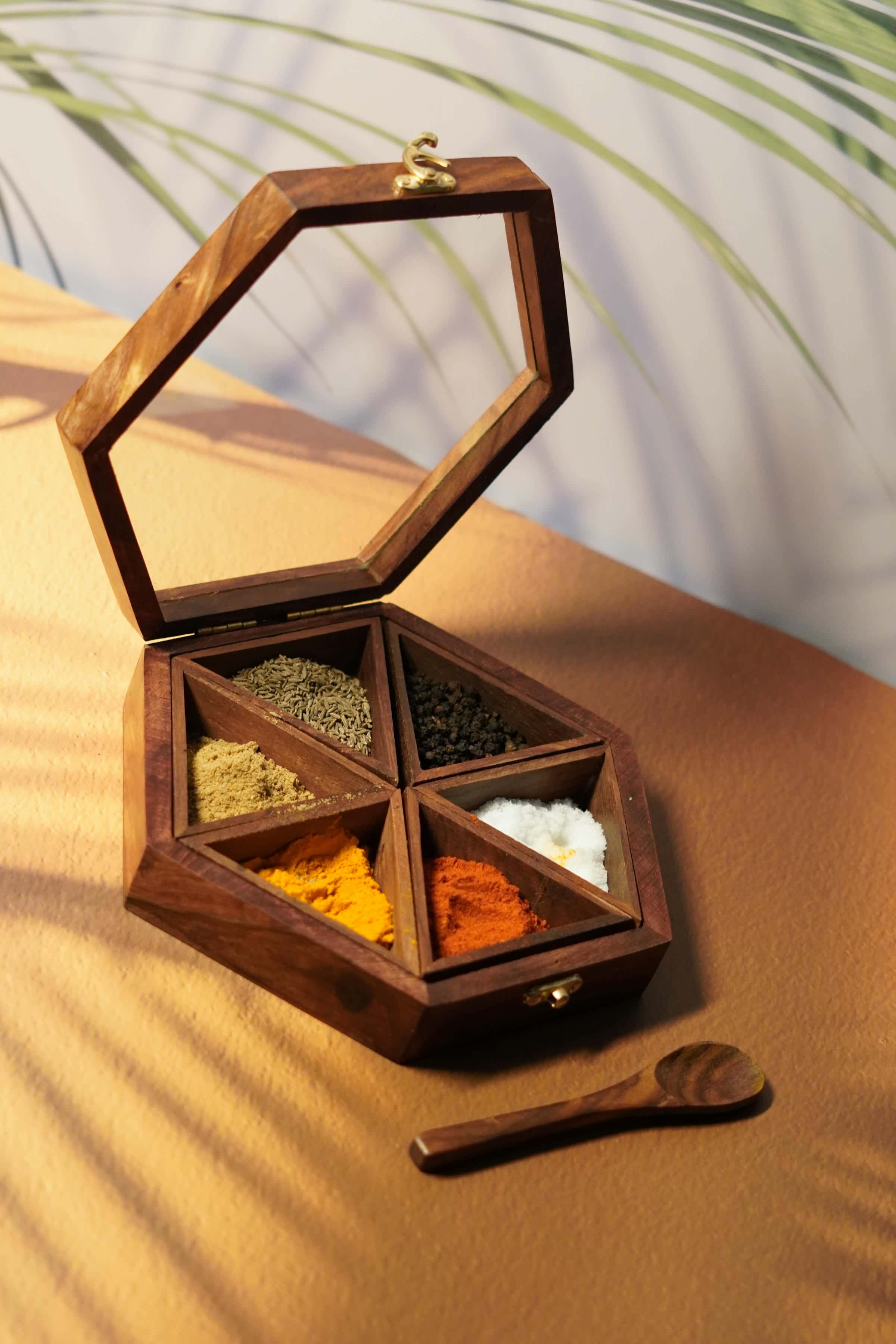 Hexagon Wooden Spice Box with Glass Lid and Spoon