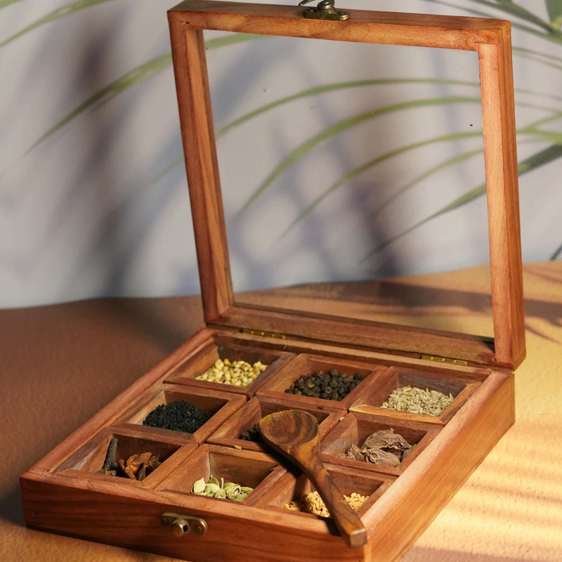 Wooden Spice Box with 9 Compartments and Spoon