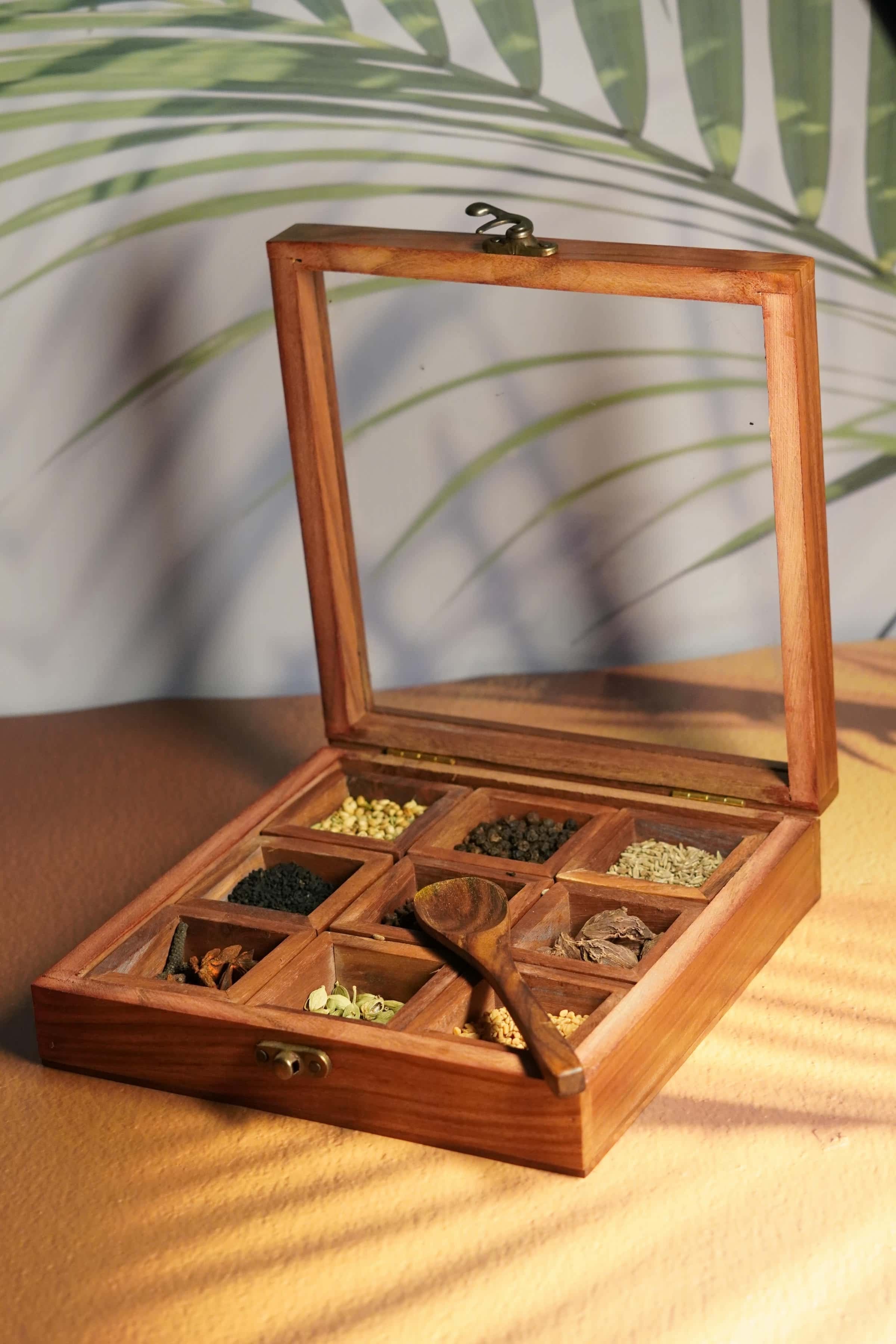 Wooden Spice Box with 9 Compartments and Spoon