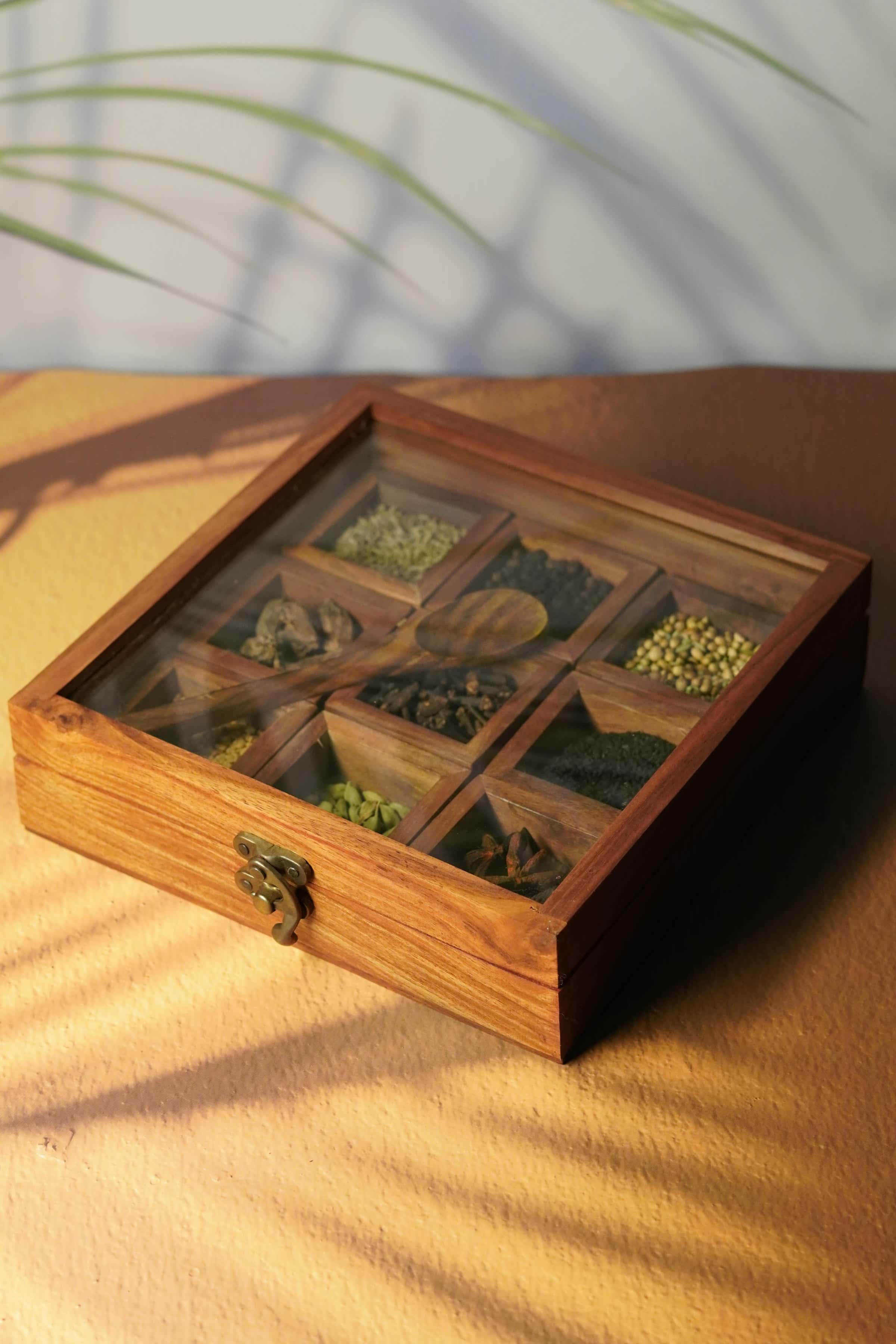 Wooden Spice Box with 9 Compartments and Spoon