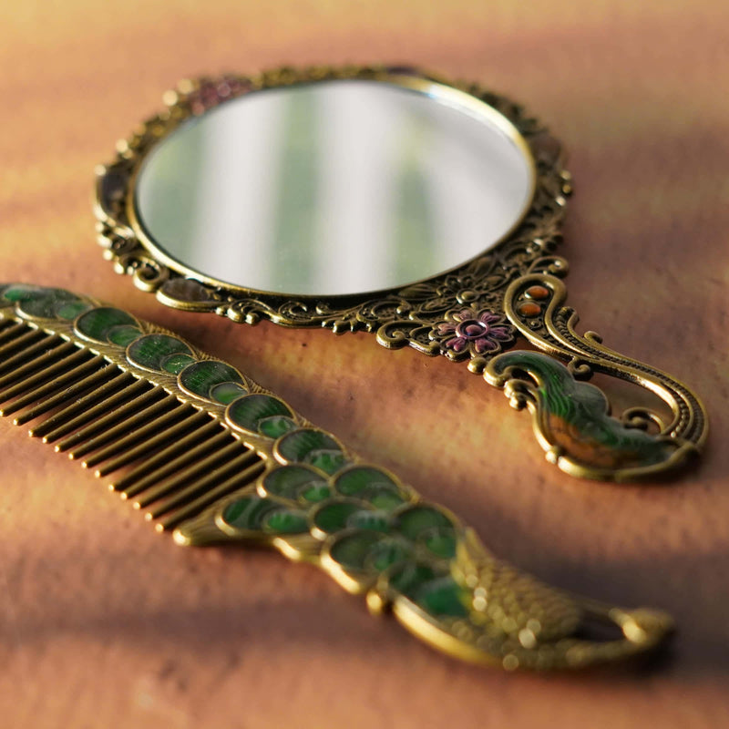Vintage Peacock Hand Mirror and Comb Set