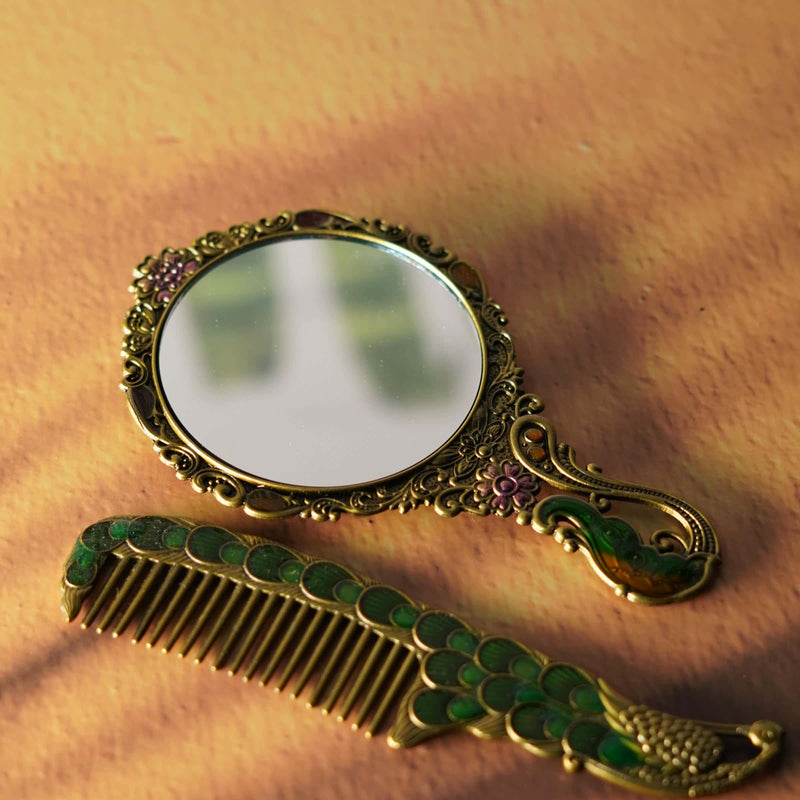 Vintage Peacock Hand Mirror and Comb Set