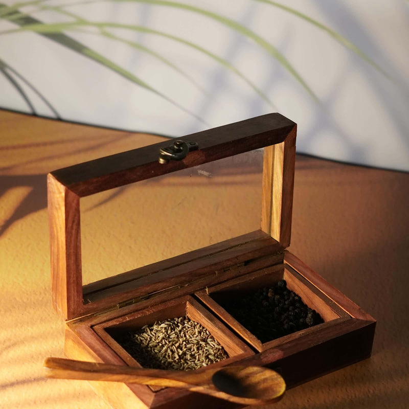Vintage Wooden Spice Box with Glass Lid