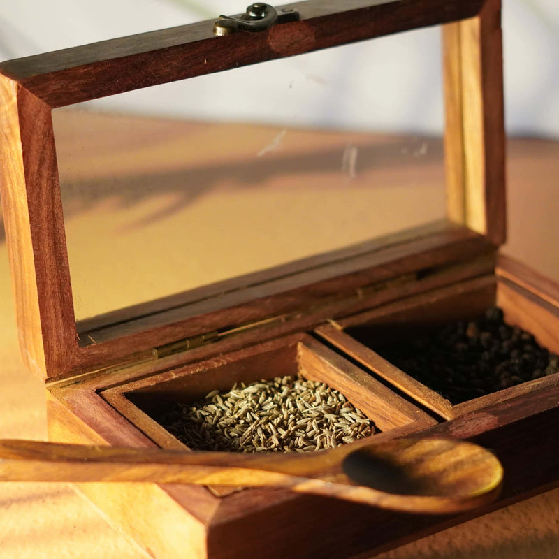 Vintage Wooden Spice Box with Glass Lid