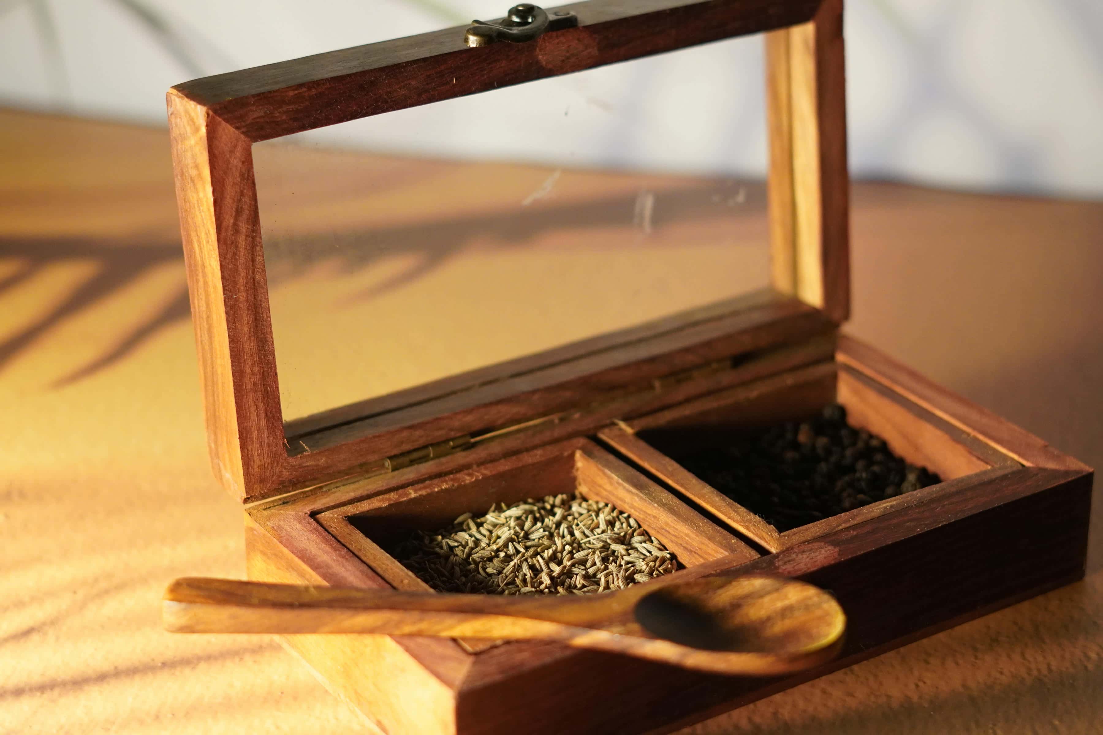 Vintage Wooden Spice Box with Glass Lid