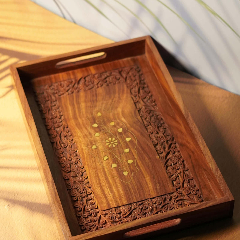 Hand Carved Wooden Fruit Serving Tray with Intricate Floral Design