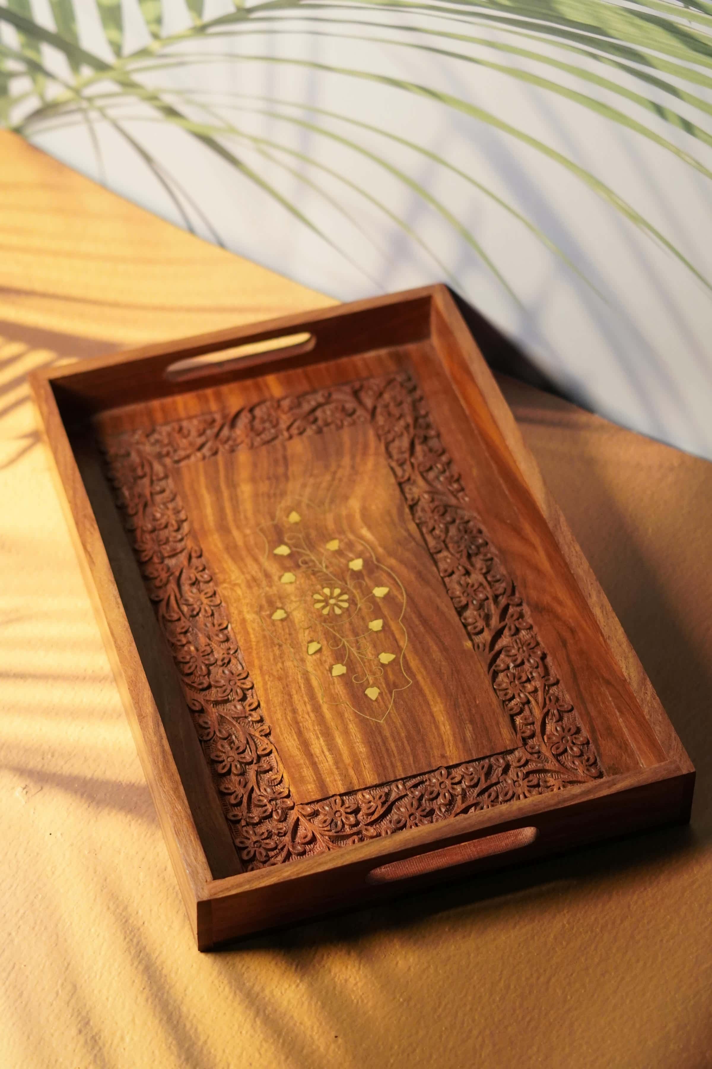 Hand Carved Wooden Fruit Serving Tray with Intricate Floral Design