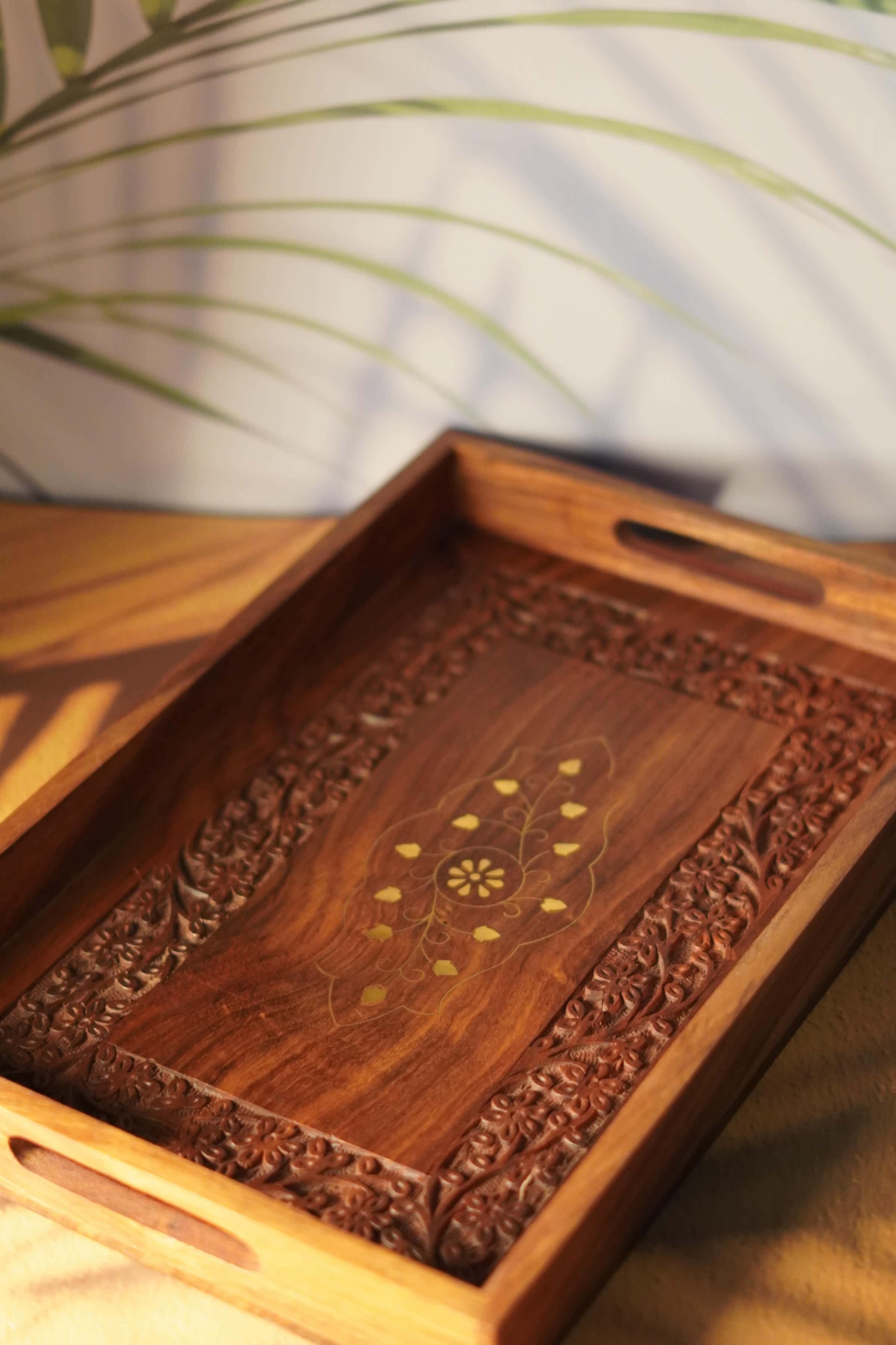 Hand Carved Wooden Fruit Serving Tray with Intricate Floral Design