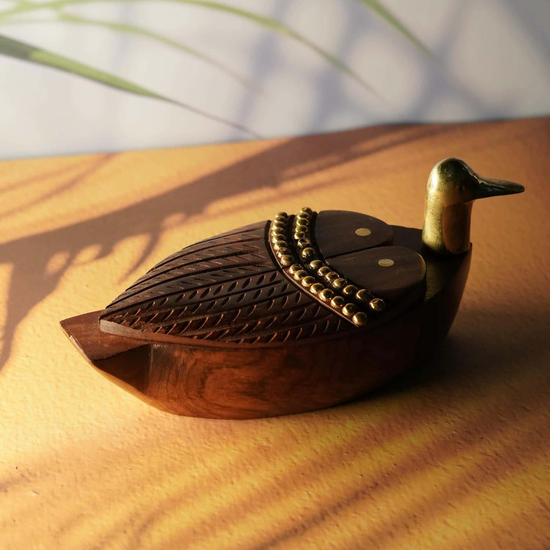 Hand-Carved Wooden Bird Coaster Holder with 4 Coasters