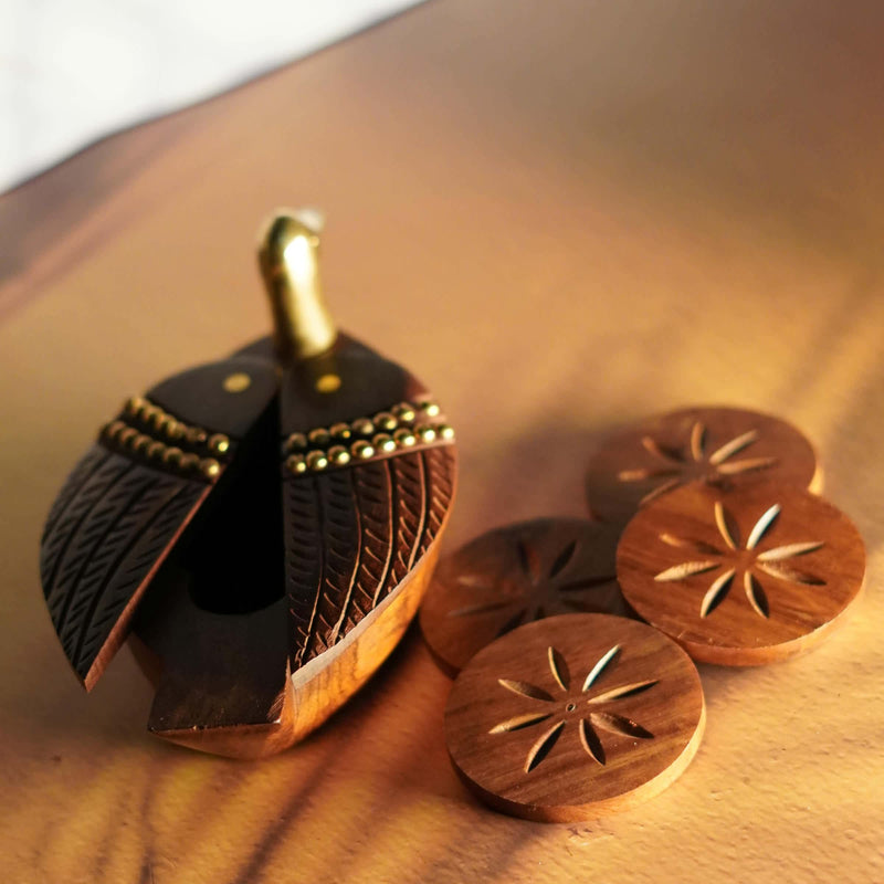 Hand-Carved Wooden Bird Coaster Holder with 4 Coasters