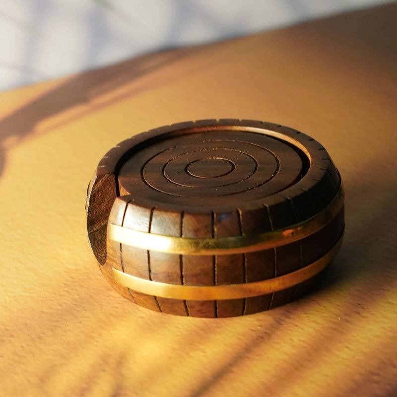 Rustic Elegance: Handcrafted Wooden Coaster Set with Brass Accent