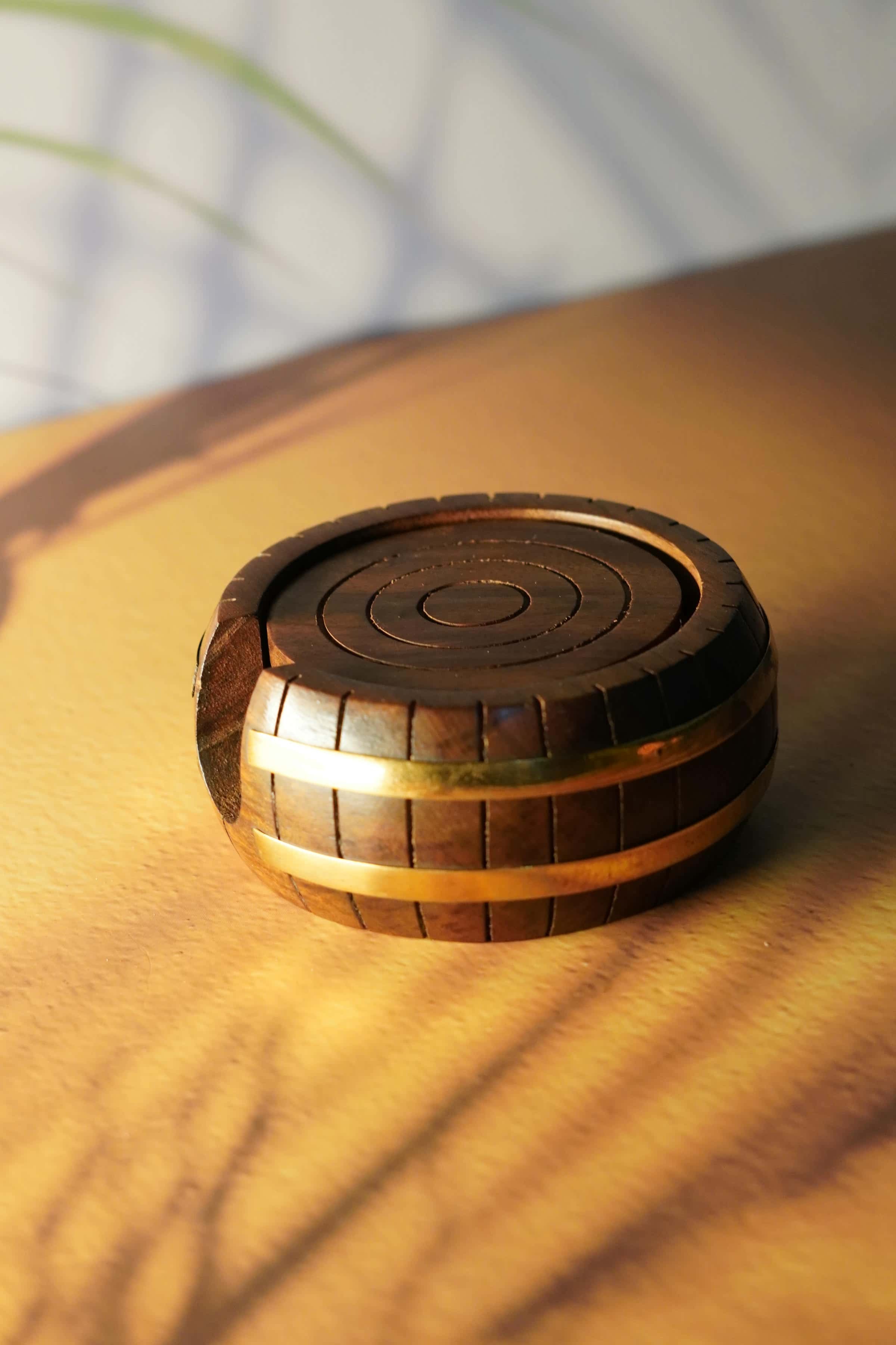 Rustic Elegance: Handcrafted Wooden Coaster Set with Brass Accent