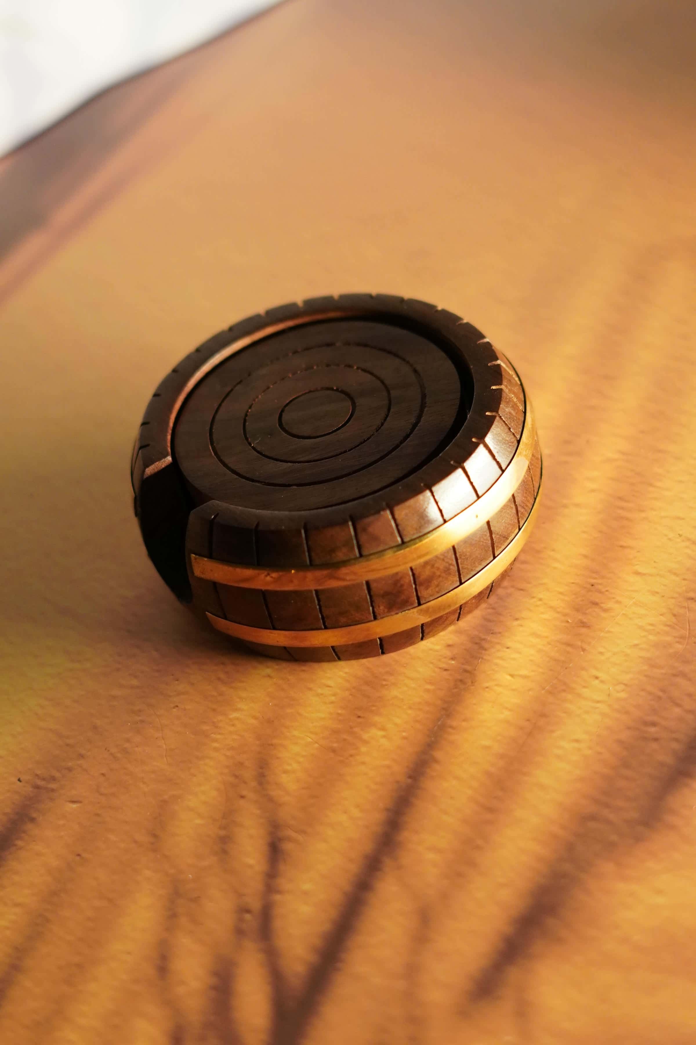 Rustic Elegance: Handcrafted Wooden Coaster Set with Brass Accent