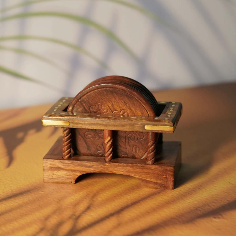 Handcrafted Wooden Coaster Set with Stand