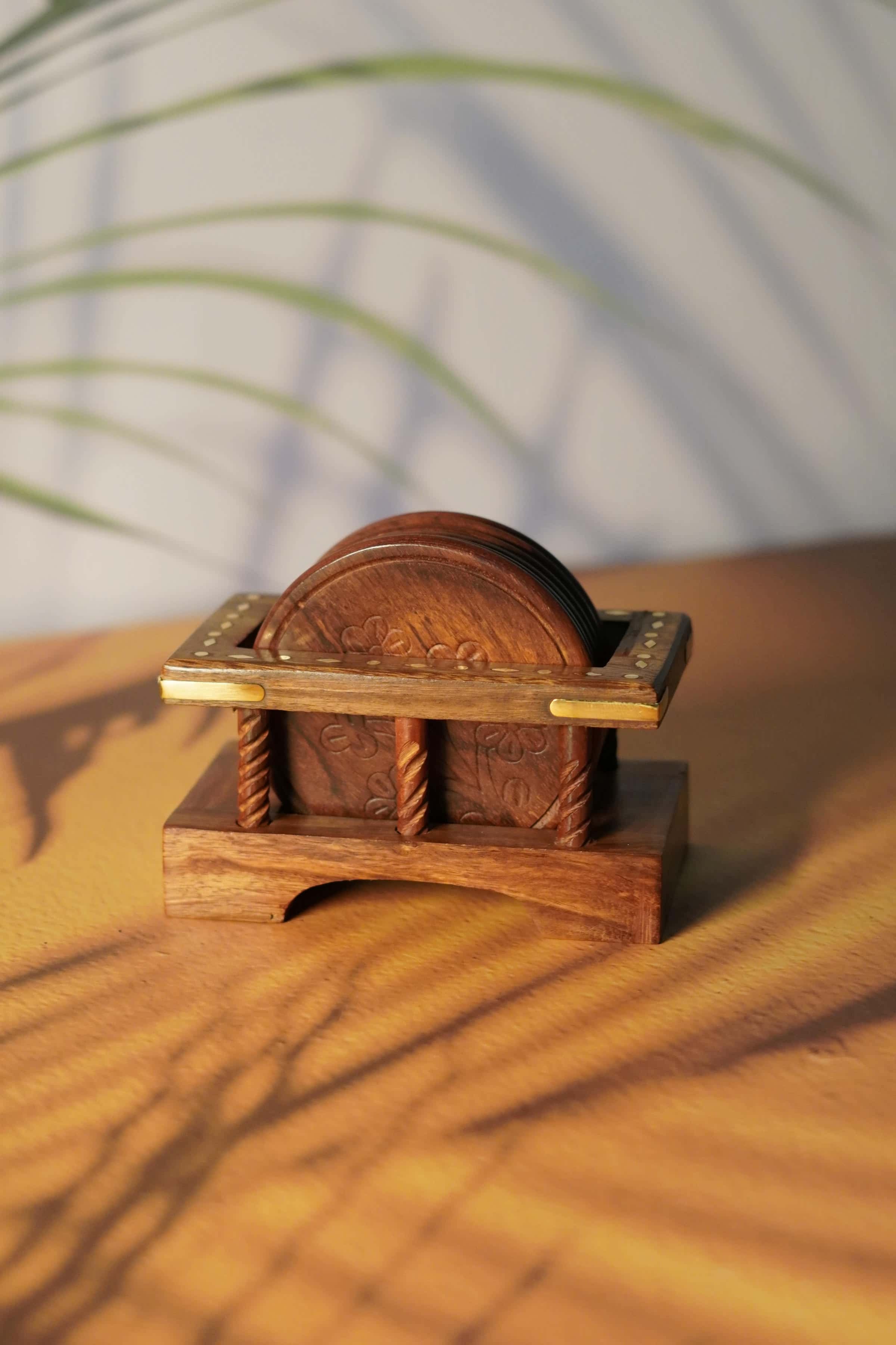 Handcrafted Wooden Coaster Set with Stand