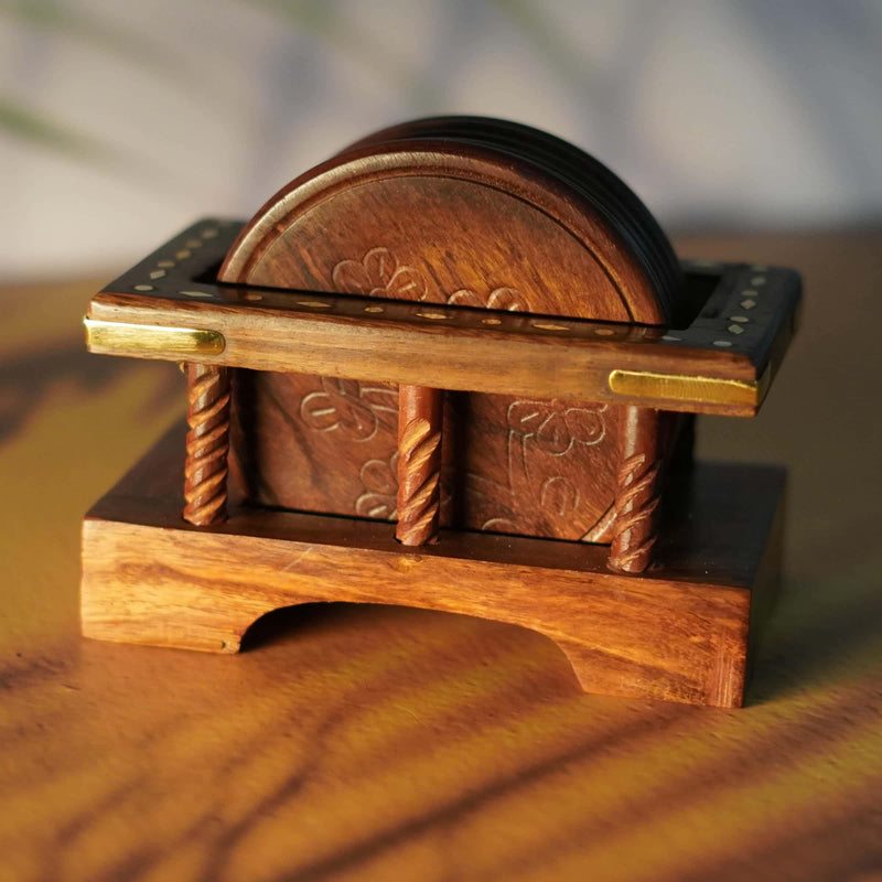 Handcrafted Wooden Coaster Set with Stand