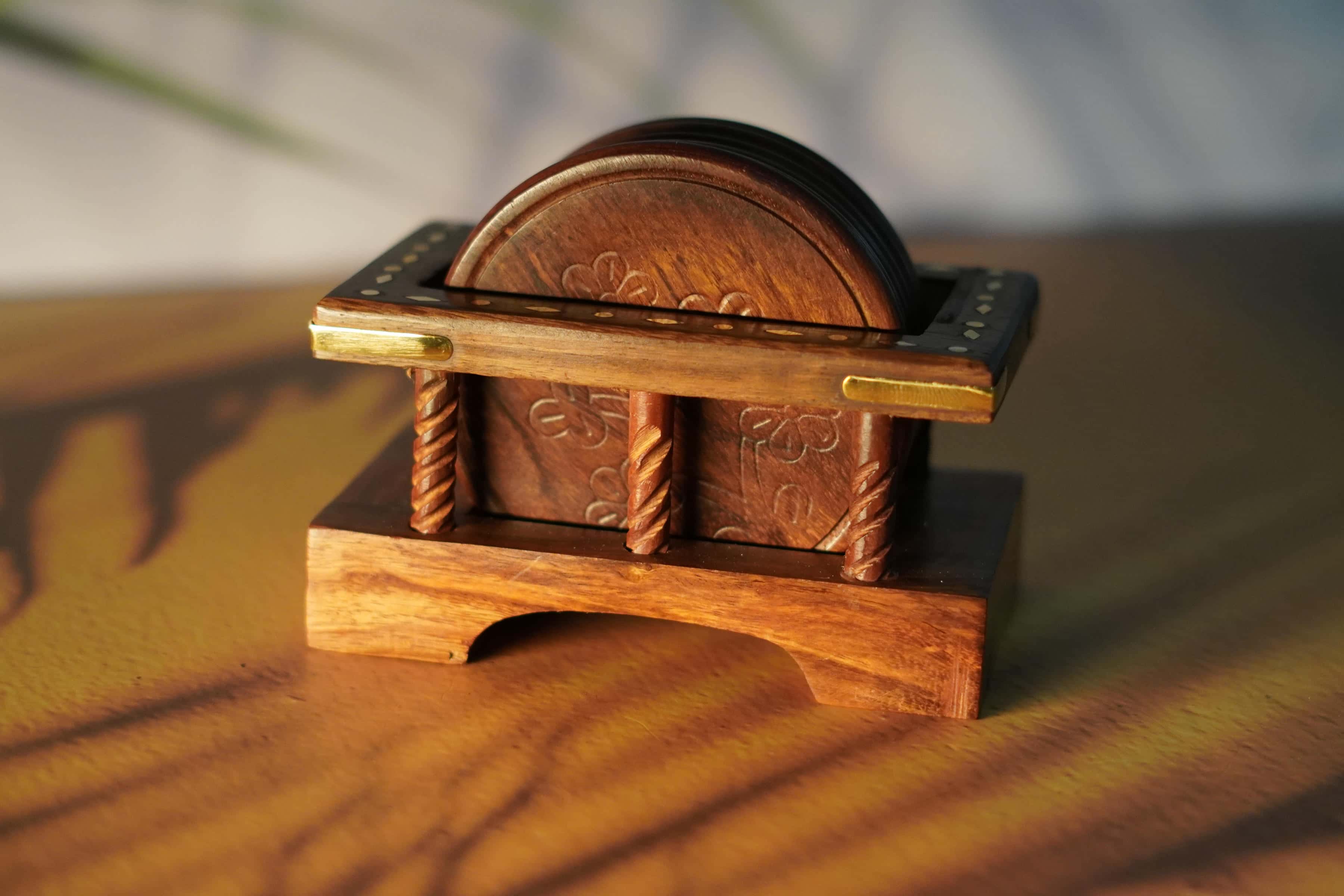 Handcrafted Wooden Coaster Set with Stand