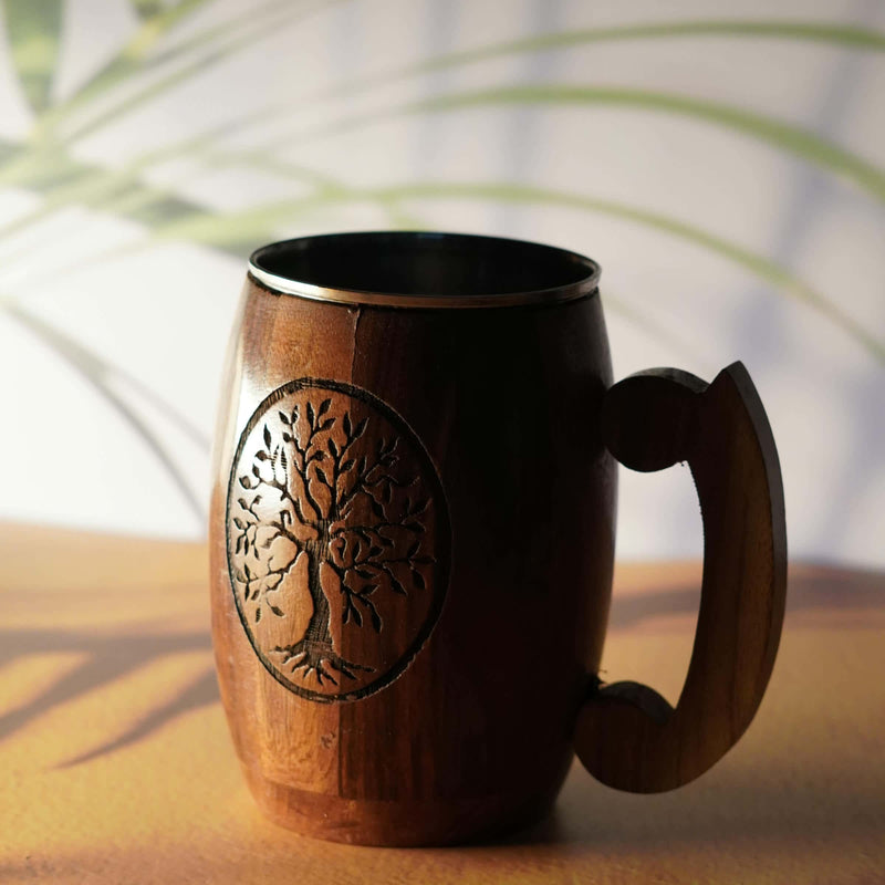Eco-Friendly Wooden Mug with Intricate Tree Design