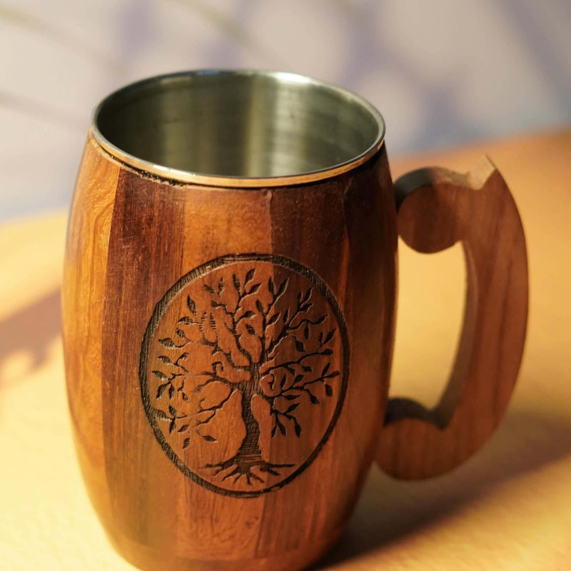 Eco-Friendly Wooden Mug with Intricate Tree Design