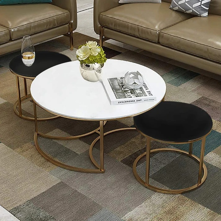 CRAFT DECOR Set Of 3 MDF Top Golden Legs Coffee Tables with Marble Finishing Top For Living Room, Home Office