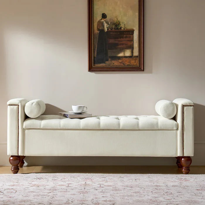 Storage Bench with Two Circular Pillows and Solid Wood Legs
