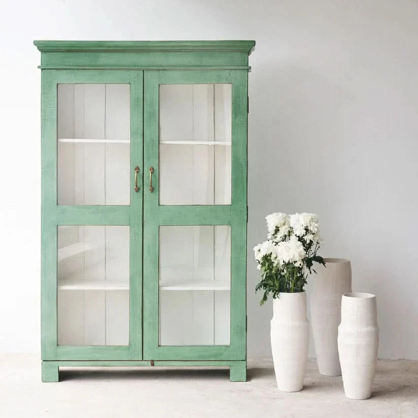 Keffy Vintage-Style Solid Wood Glass Cabinet in Jade Green Finish - Craft Decor