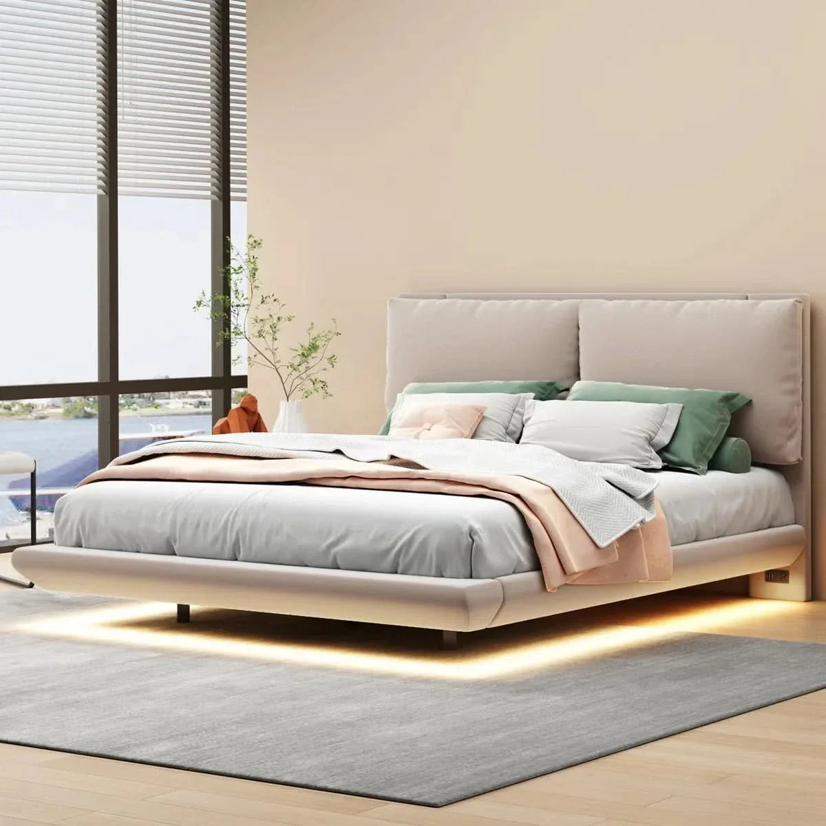 Floating Style Upholstered Bed With Sensor Lights And Outlets