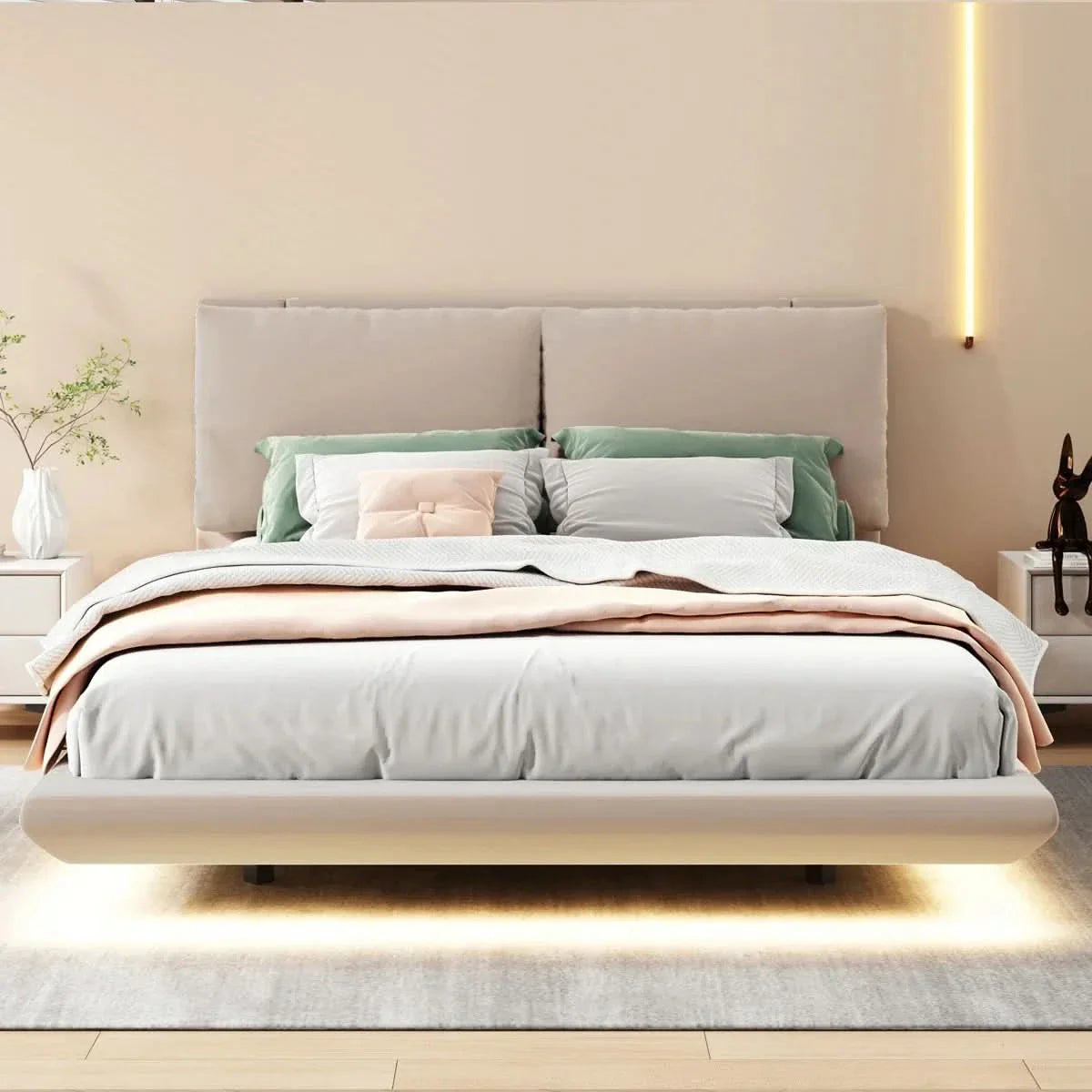 Floating Style Upholstered Bed With Sensor Lights And Outlets