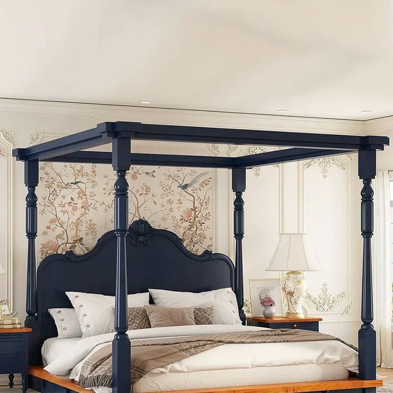 King Size Royal Luxury Solid Wood Four Poster Bed with Classic Carved Headboard