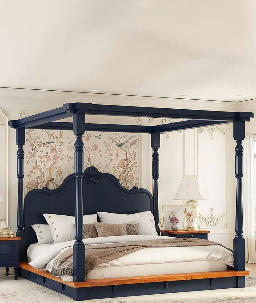 King Size Royal Luxury Solid Wood Four Poster Bed with Classic Carved Headboard