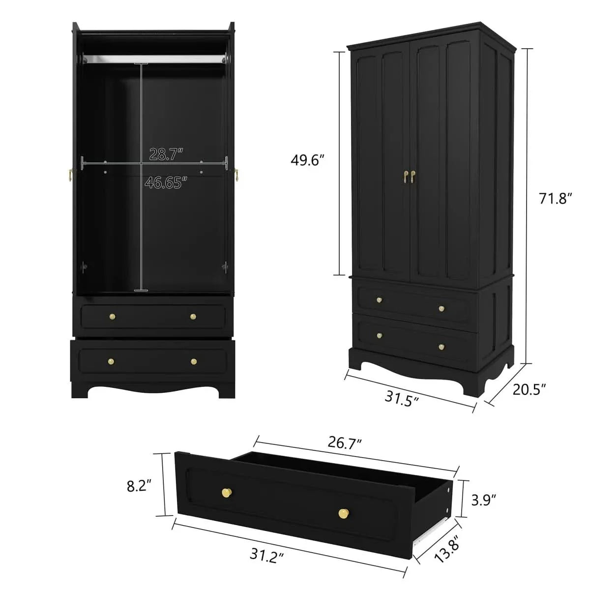 Lavaska Freestanding Wooden Wardrobe Armoire with 2 Drawers
