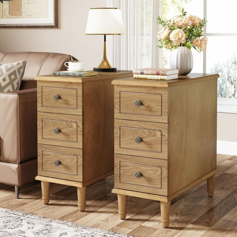 Fully Assembled Narrow End Table, Solid Wood Side Table with 3 Drawers