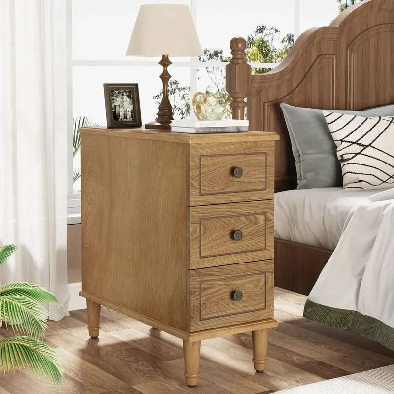 Fully Assembled Narrow End Table, Solid Wood Side Table with 3 Drawers
