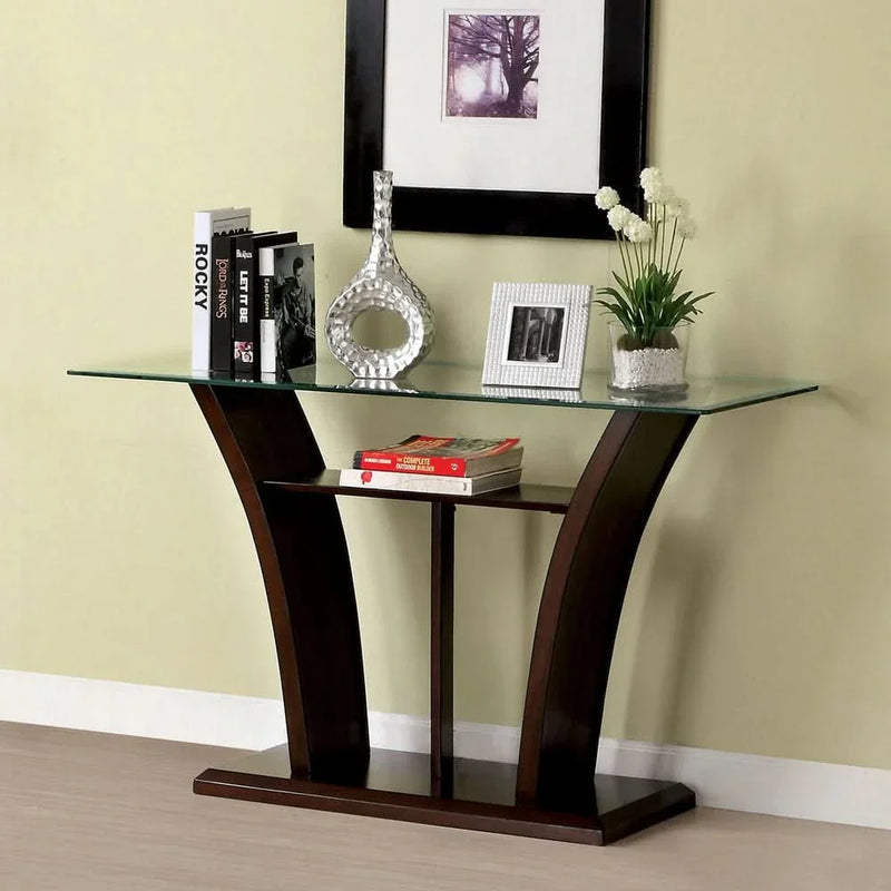 Viruppa Contemporary Cherry Glass Top T-shelf Sofa Table - Craft Decor