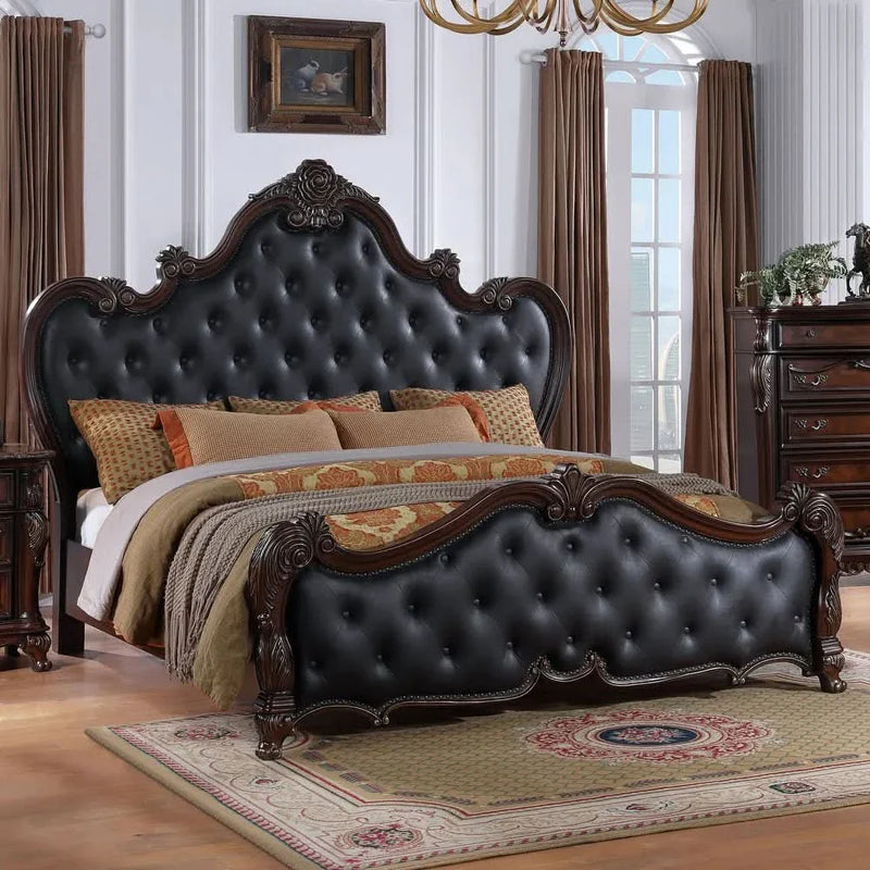 Traditional Solid Wood Panel Bed with Tufted Leatherette Headboard