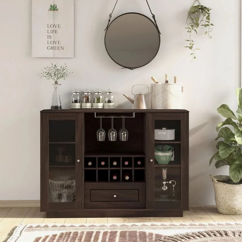Rustic Espresso 6-shelf Dining Buffet with Wine Rack