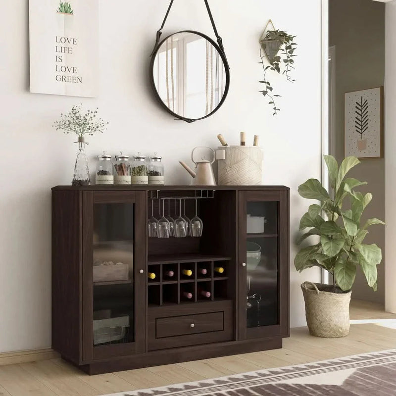 Rustic Espresso 6-shelf Dining Buffet with Wine Rack