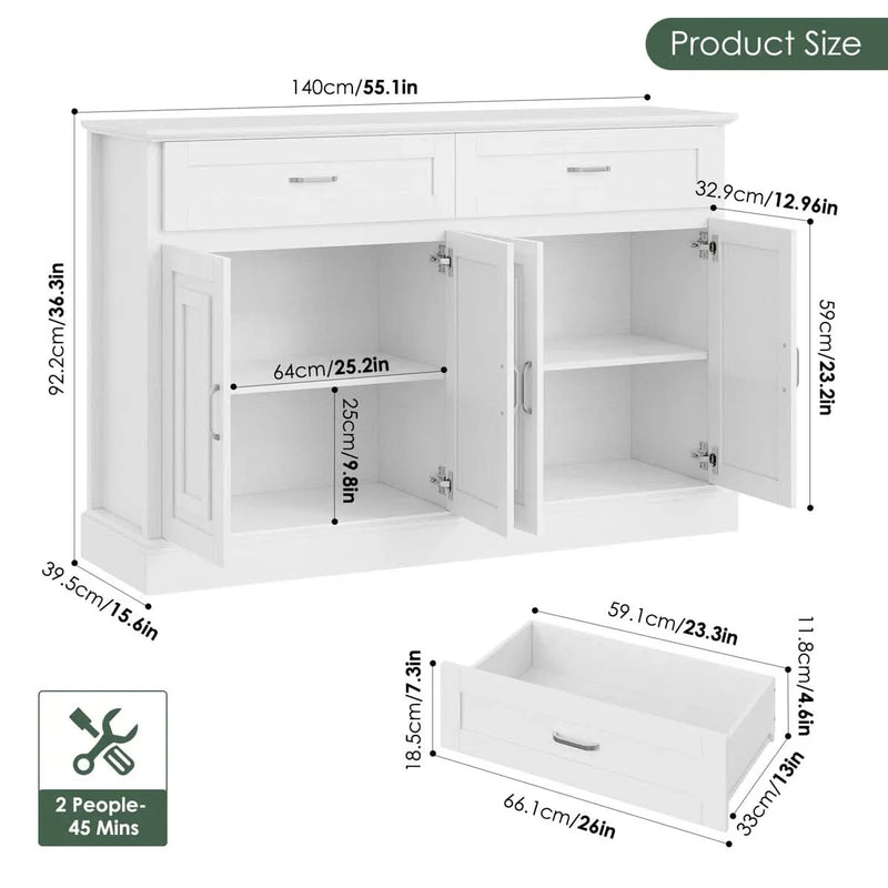 Kitchen Sideboard with 2 Wide Drawers, Adjustable Shelves