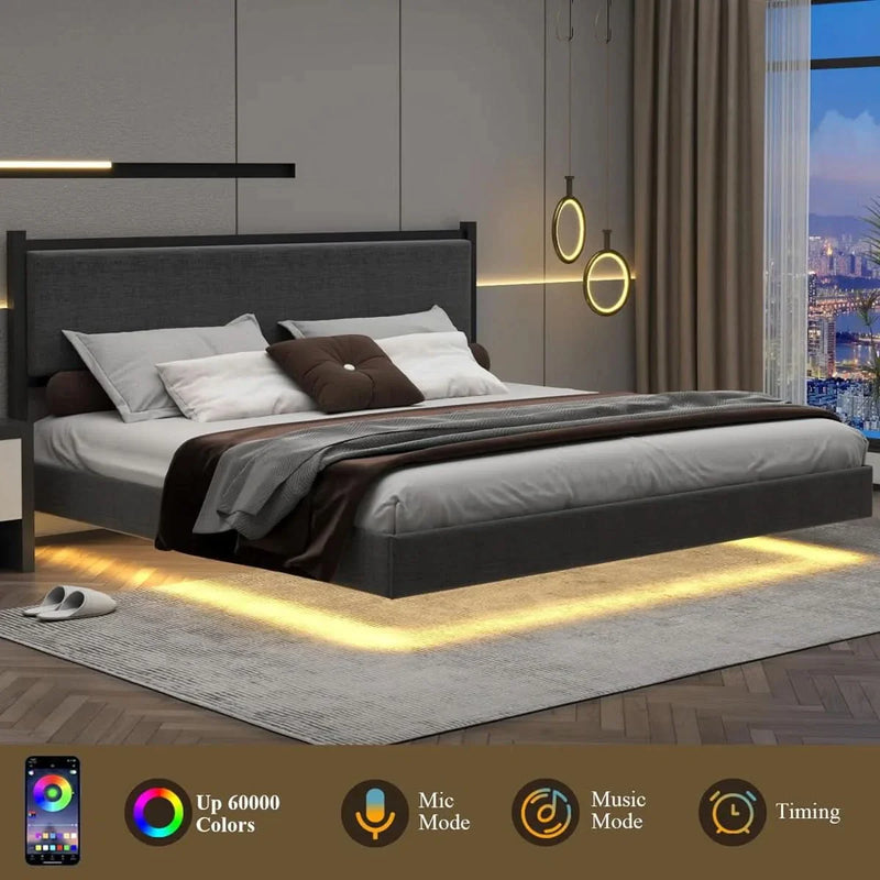 Floating Upholstered Metal Platform Bed
