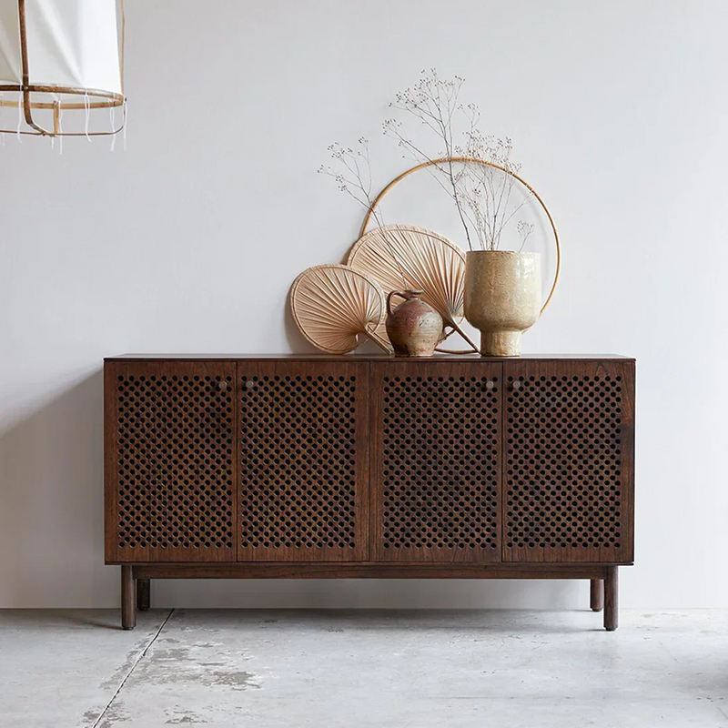 Tivik Mid-Century Modern Solid Wood Sideboard with Perforated Shutter Design