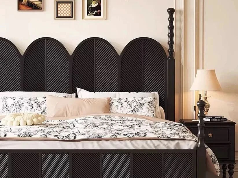 Classic Solid Wood King Size Bed with Bold Panelled Headboard and Footboard in Rich Black Finish