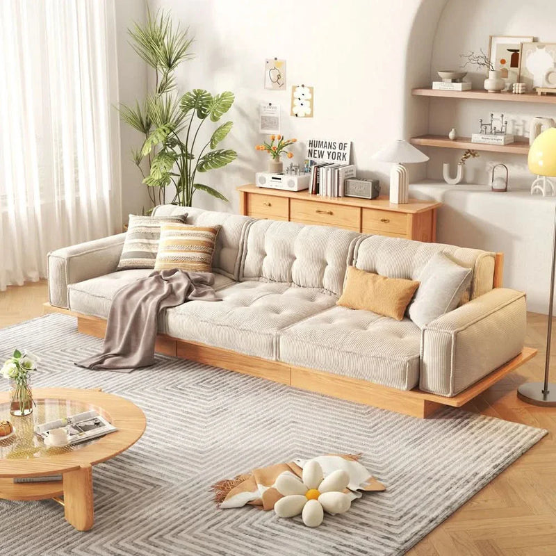 Berry 3 Seater Beige Sofa With Wood Frame - Wooden Bazar