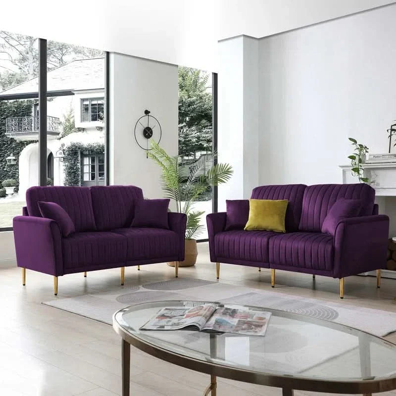 Keivaz 2 Couches 2-Piece Cream Velvet Upholstered Living Room Sofa Set, Including 2-Seater Sofa and Loveseat with Four Throw Pillows and Metal legs Luxury Sofa Set