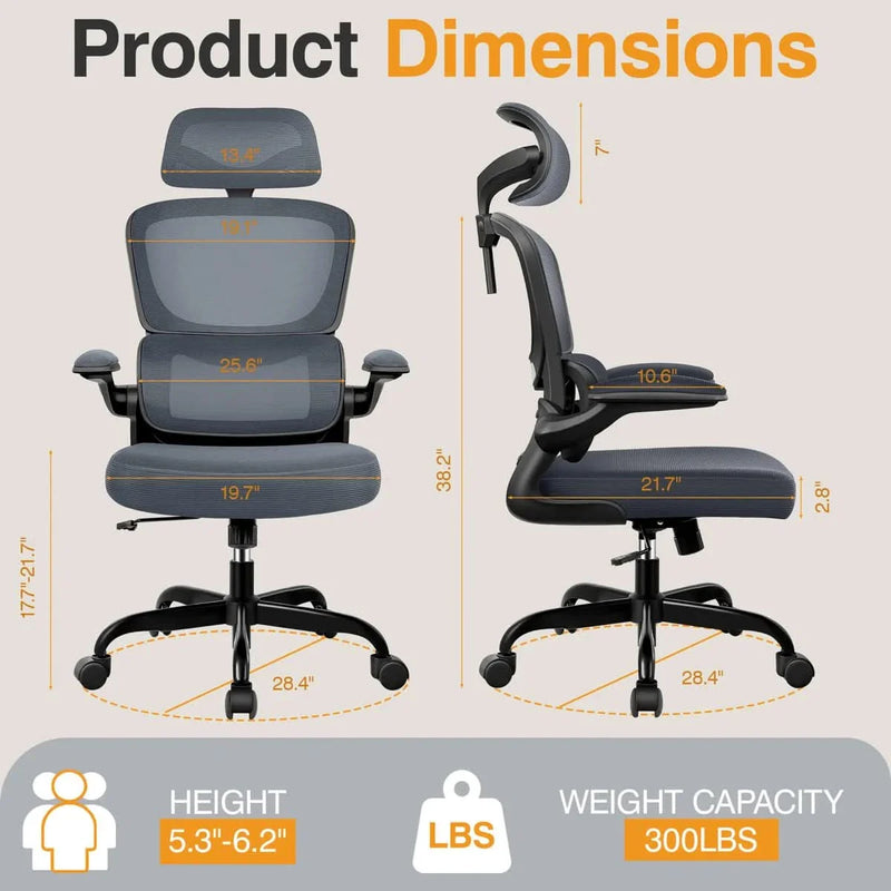 Ergonomic Breathable Mesh Office Chair with Adjustable Headrest and Flip-Up Arms
