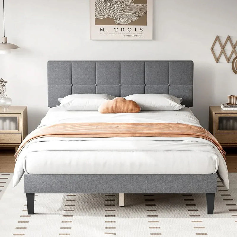 Luxurious Linen Upholstered Platform Bed Frame with Adjustable Headboard