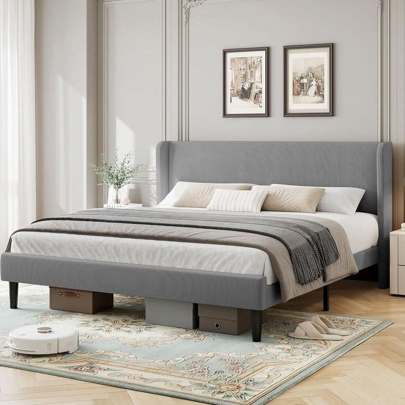 Haavik Velvet Wingback Platform Bed with Wooden Slats - craft decor