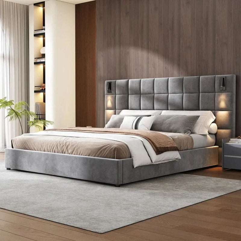 Luxury King Velvet Platform Bed with Reading Lamp & USB Port, Wide Padded Headboard, No Box Spring Needed